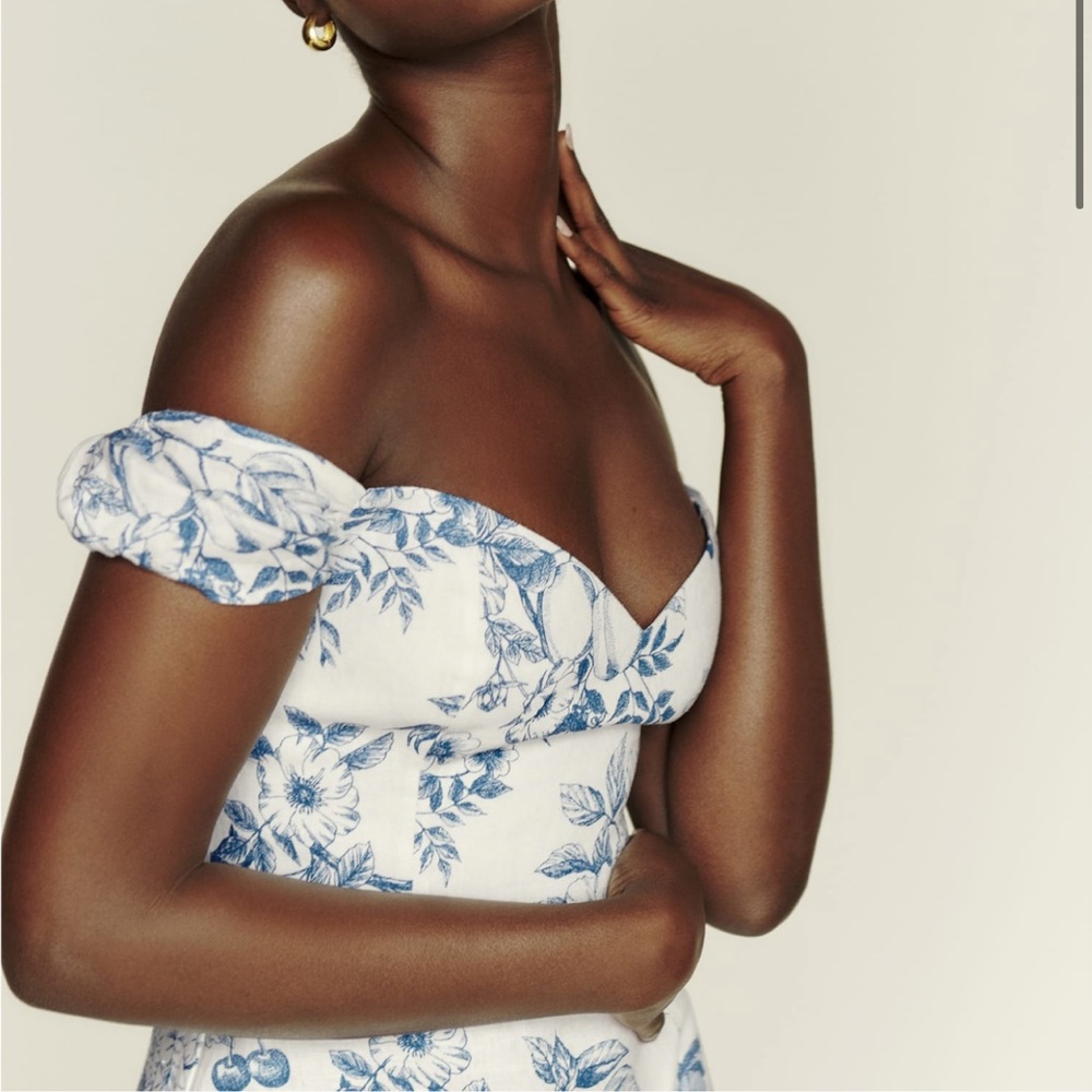 Reformation White Dress with Blue Floral Print